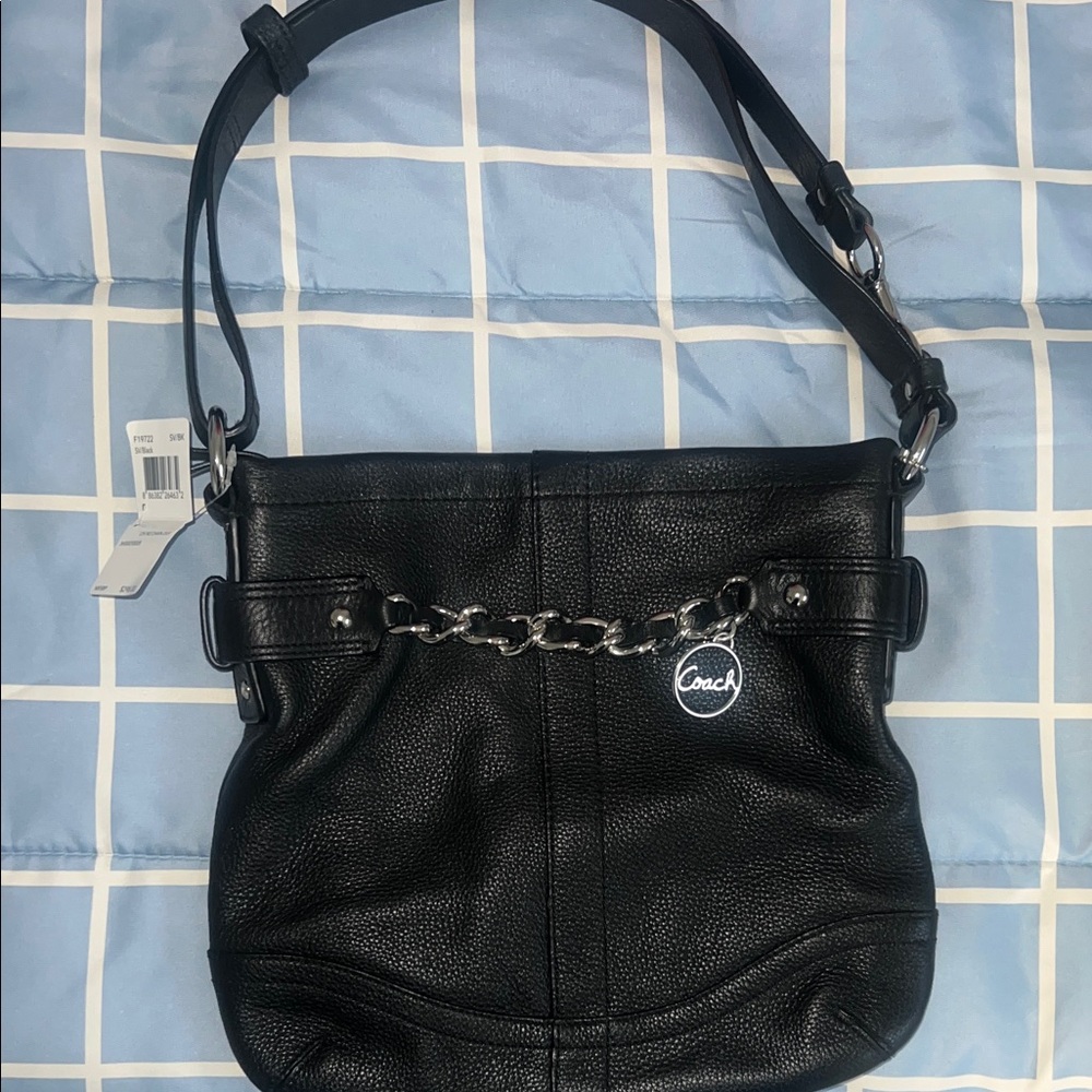 Coach Black Leather Shoulder Bag with Chain Accent